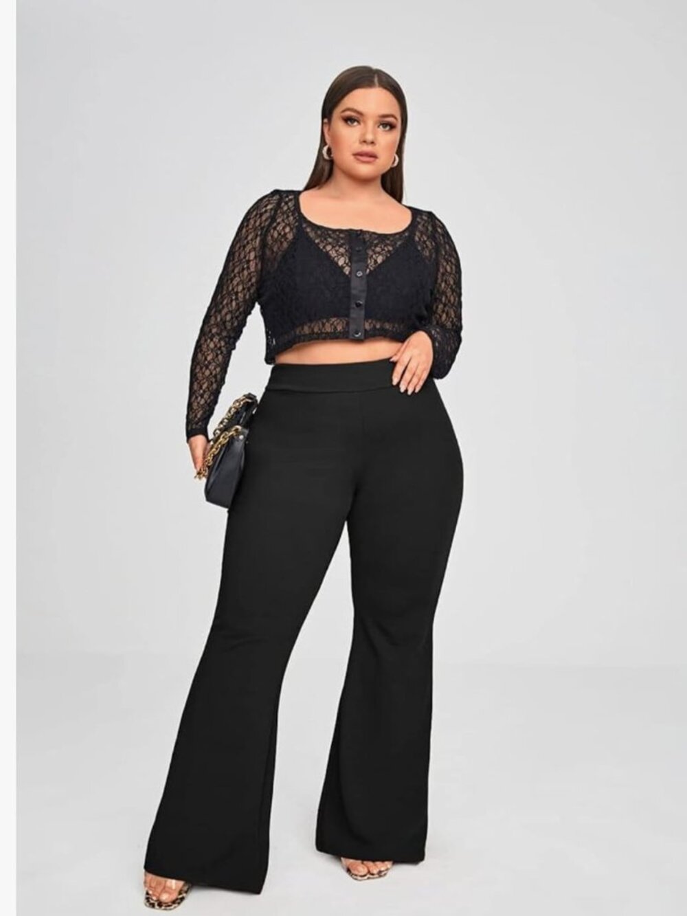 Women's plus-size ribbed long pants with a high elastic waist and flared hem